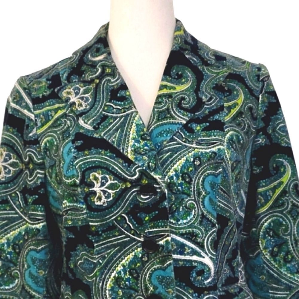 Talbots Teal Paisley Patterned Velvet Stretch Buttoned Blazer Size 4 - Picture 6 of 10